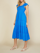 Load image into Gallery viewer, skies are blue: flutter sleeve smocked bodice midi dress - vivid blue