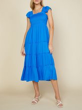 Load image into Gallery viewer, skies are blue: flutter sleeve smocked bodice midi dress - vivid blue