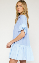 Load image into Gallery viewer, colorblock pinstripe collared mini dress - blue combo