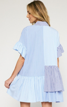 Load image into Gallery viewer, colorblock pinstripe collared mini dress - blue combo