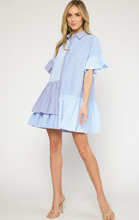 Load image into Gallery viewer, colorblock pinstripe collared mini dress - blue combo