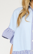 Load image into Gallery viewer, colorblock pinstripe collared mini dress - blue combo