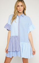 Load image into Gallery viewer, colorblock pinstripe collared mini dress - blue combo