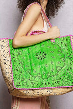 Load image into Gallery viewer, love bandana colorblock quilted tote bag - green multi