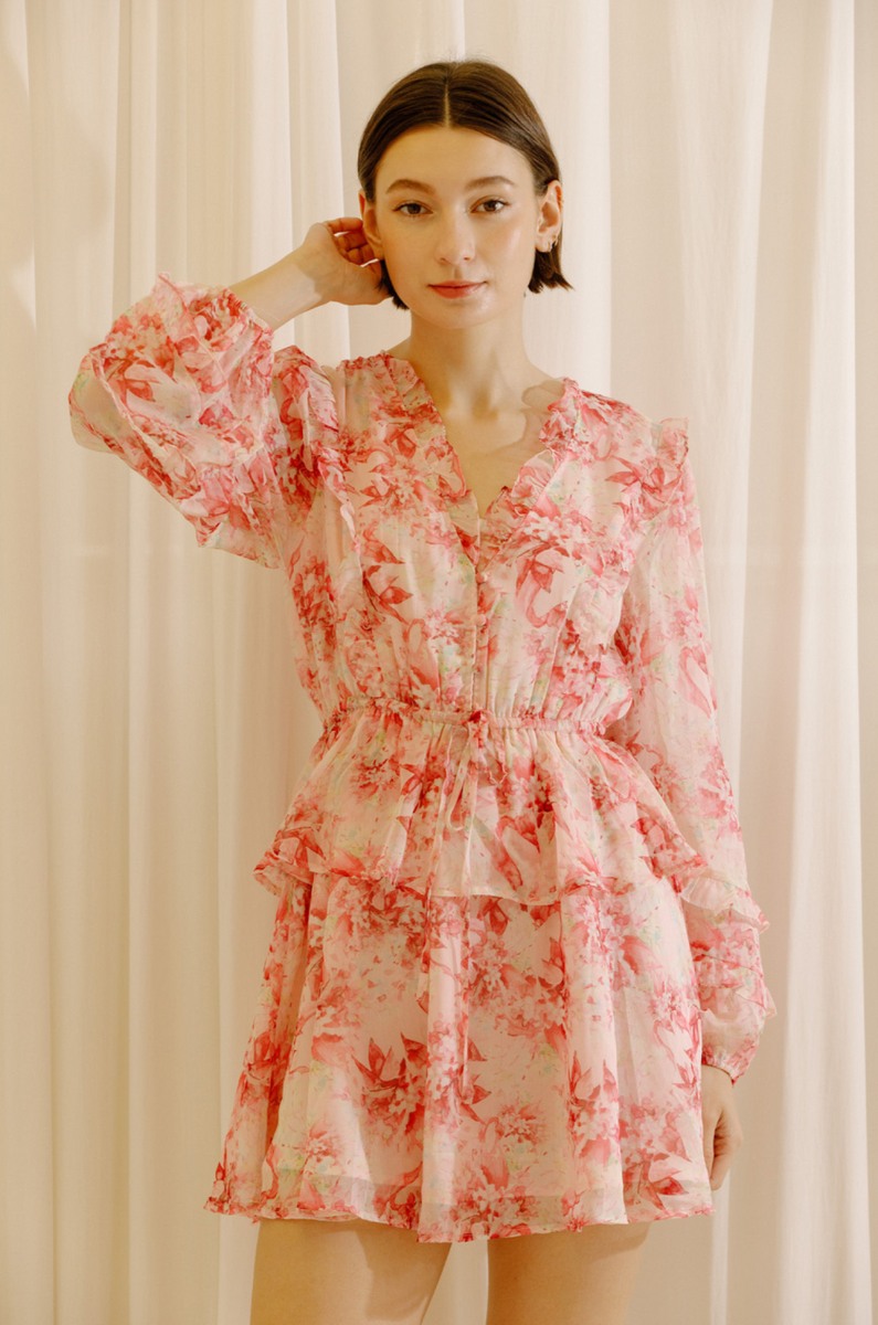 【MOILLY】Rose Brooch Frill Long Sleeve floral print long sleeve ruffled mini dress - pink floral