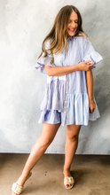 Load image into Gallery viewer, colorblock pinstripe collared mini dress - blue combo