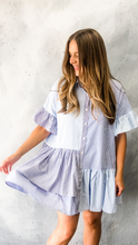 Load image into Gallery viewer, colorblock pinstripe collared mini dress - blue combo