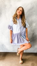 Load image into Gallery viewer, colorblock pinstripe collared mini dress - blue combo
