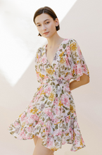 Load image into Gallery viewer, floral v-neck asymmetrical hem mini dress - pink multi