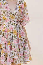 Load image into Gallery viewer, floral v-neck asymmetrical hem mini dress - pink multi