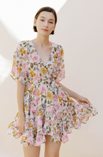 Load image into Gallery viewer, floral v-neck asymmetrical hem mini dress - pink multi