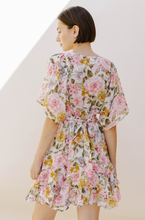 Load image into Gallery viewer, floral v-neck asymmetrical hem mini dress - pink multi