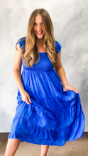 Load image into Gallery viewer, skies are blue: flutter sleeve smocked bodice midi dress - vivid blue