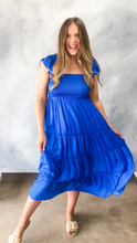 Load image into Gallery viewer, skies are blue: flutter sleeve smocked bodice midi dress - vivid blue