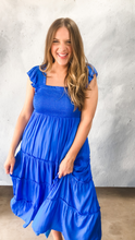 Load image into Gallery viewer, skies are blue: flutter sleeve smocked bodice midi dress - vivid blue