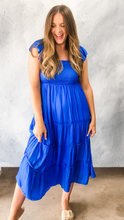 Load image into Gallery viewer, skies are blue: flutter sleeve smocked bodice midi dress - vivid blue