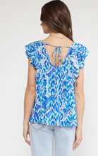 Load image into Gallery viewer, printed v-neck flutter sleeve top - blue combo