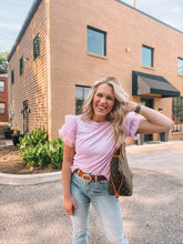Load image into Gallery viewer, knit ruffle chiffon sleeve top - lavender