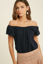 Load image into Gallery viewer, textured tulip sleeve off the shoulder top - navy