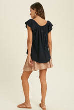Load image into Gallery viewer, textured tulip sleeve off the shoulder top - navy