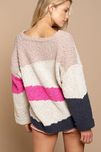Load image into Gallery viewer, v-neck popcorn colorblock sweater - fuchsia/charcoal multi