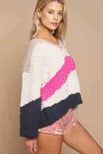 Load image into Gallery viewer, v-neck popcorn colorblock sweater - fuchsia/charcoal multi