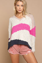 Load image into Gallery viewer, v-neck popcorn colorblock sweater - fuchsia/charcoal multi