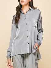 Load image into Gallery viewer, satin long sleeve button down top - grey