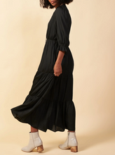 Load image into Gallery viewer, skies are blue: ruffle split neck maxi dress - black