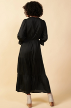 Load image into Gallery viewer, skies are blue: ruffle split neck maxi dress - black