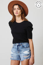 Load image into Gallery viewer, AMANDA MOORE AND COMPANY PUFF SLEEEVE TOP IN BLACK ORGANIC COTTON MADE IN USA