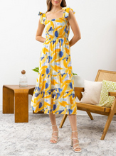 Load image into Gallery viewer, tie shoulder brush stroke midi dress - yellow multi