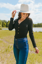 Load image into Gallery viewer, buddy love: holly long sleeve button up bodysuit - black