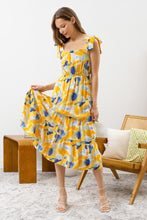 Load image into Gallery viewer, tie shoulder brush stroke midi dress - yellow multi