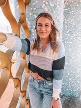 Load image into Gallery viewer, COCO + JAIMESON V-NECK STRIPE DECONSTRUCTED SWEATER - PURPLE/BLUE
