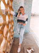 Load image into Gallery viewer, COCO + JAIMESON V-NECK STRIPE DECONSTRUCTED SWEATER - PURPLE/BLUE