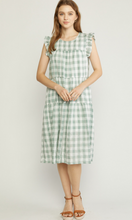 Load image into Gallery viewer, gingham print ruffle shoulder midi dress - pistachio