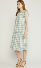 Load image into Gallery viewer, gingham print ruffle shoulder midi dress - pistachio