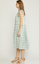 Load image into Gallery viewer, gingham print ruffle shoulder midi dress - pistachio