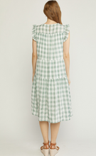 Load image into Gallery viewer, gingham print ruffle shoulder midi dress - pistachio