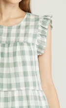 Load image into Gallery viewer, gingham print ruffle shoulder midi dress - pistachio