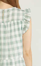 Load image into Gallery viewer, gingham print ruffle shoulder midi dress - pistachio