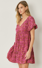 Load image into Gallery viewer, floral print v-neck bubble sleeve mini dress - burgundy