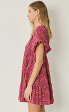 Load image into Gallery viewer, floral print v-neck bubble sleeve mini dress - burgundy