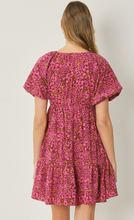 Load image into Gallery viewer, floral print v-neck bubble sleeve mini dress - burgundy