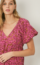Load image into Gallery viewer, floral print v-neck bubble sleeve mini dress - burgundy