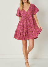 Load image into Gallery viewer, floral print v-neck bubble sleeve mini dress - burgundy