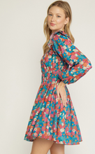 Load image into Gallery viewer, floral print square neck long sleeve mini dress - sea green