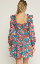 Load image into Gallery viewer, floral print square neck long sleeve mini dress - sea green