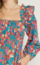 Load image into Gallery viewer, floral print square neck long sleeve mini dress - sea green